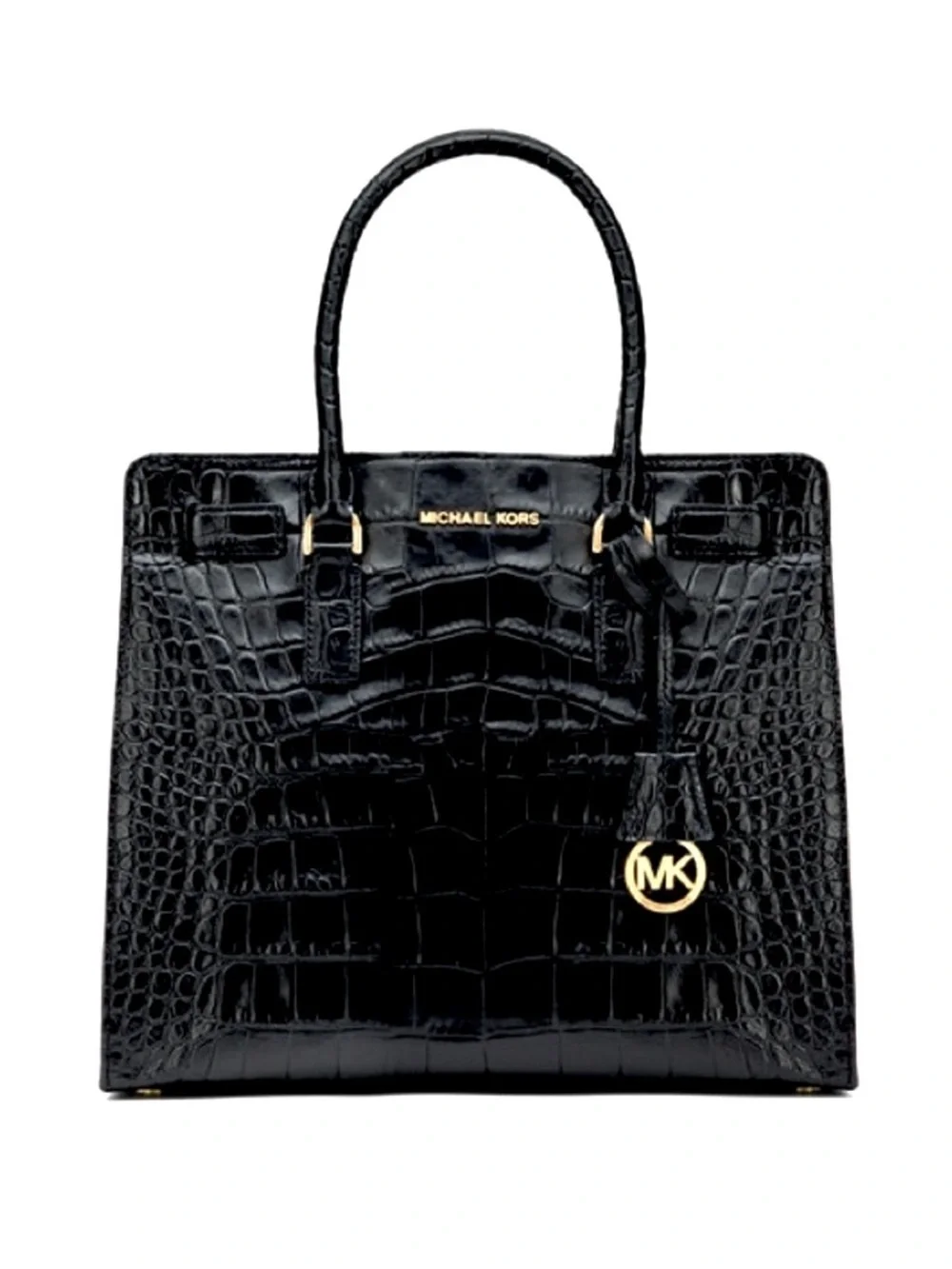 🆕 MICHAEL KORS Large Dillon Tote Croc Embossed Leather Bag Black/Gold - Picture 3 of 16